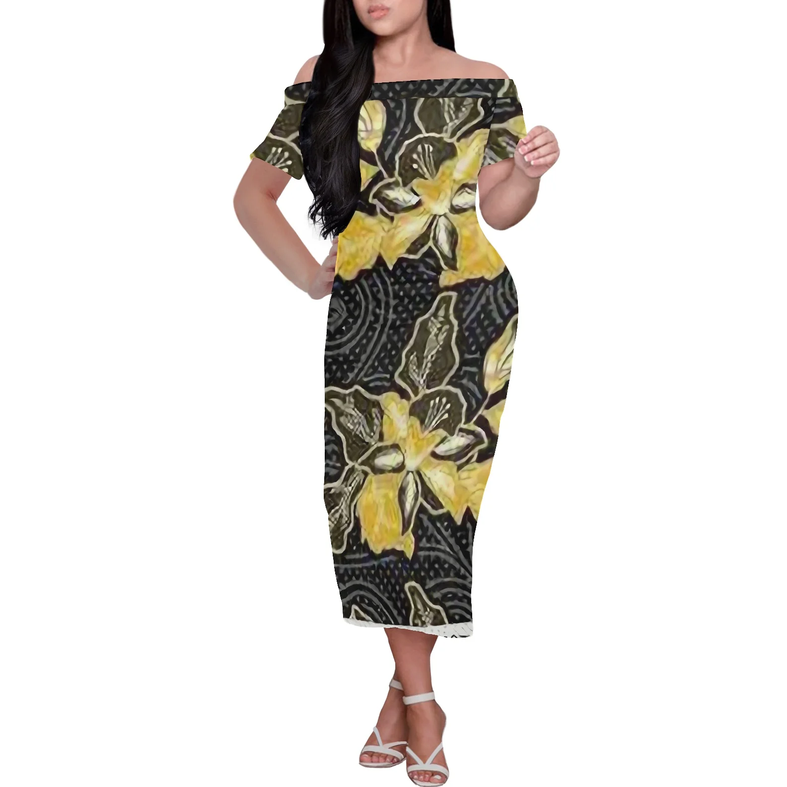 

Polynesia Women Off Shoulder Dress Elegant Women's Party Dress New Design Luxury Golden Flower Printing Short Sleeve Long Dress