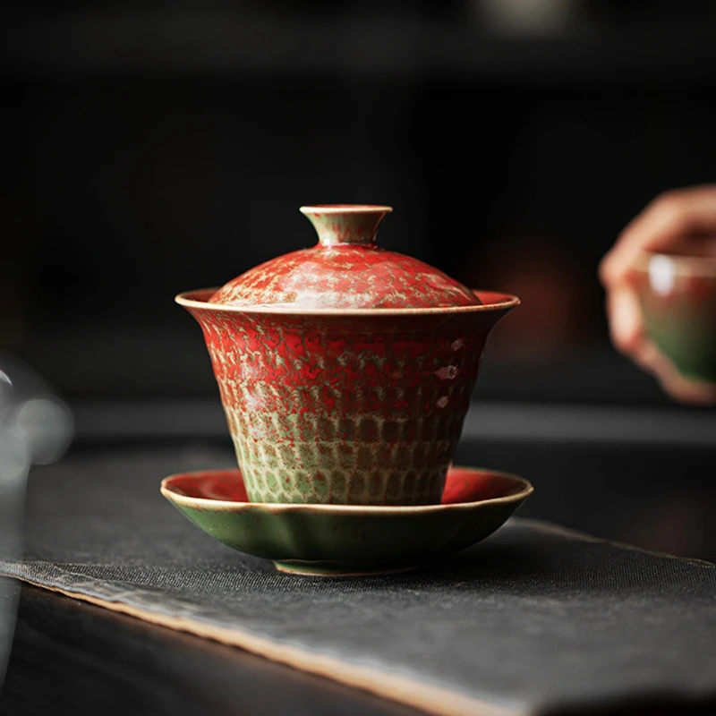 Red Kiln Glaze Ceramic Gaiwan, Single Cup Household Kung Fu Tea Set, Non-Scald Brewing Bowl, Tea Making Device, Meeting Guests