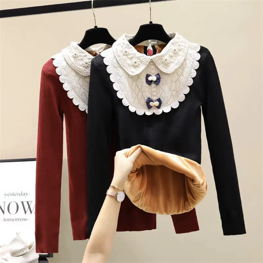 

2023 Autumn Winter Women Add Velvet Sweaters Lady Long Sleeve knitted Sweater Female Solid Sweaters Pullovers Bottomings WZ2330