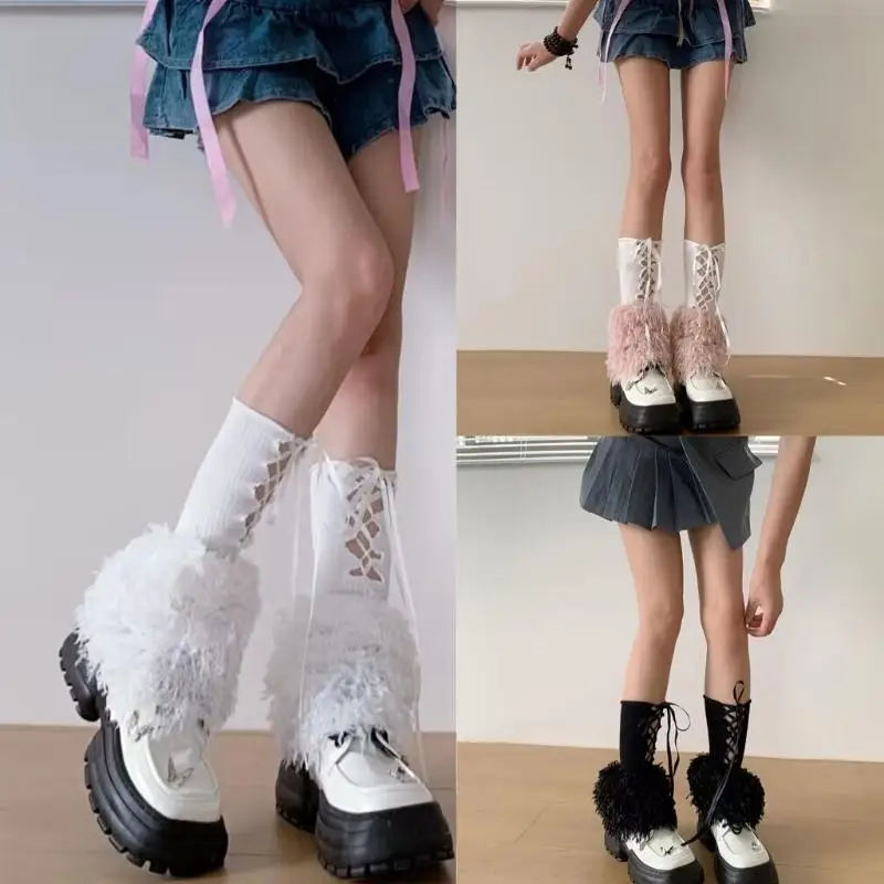 

195E Women Lace Up Leg Warmers Girls 80s Harajuku Punk Knee High Leg Socks