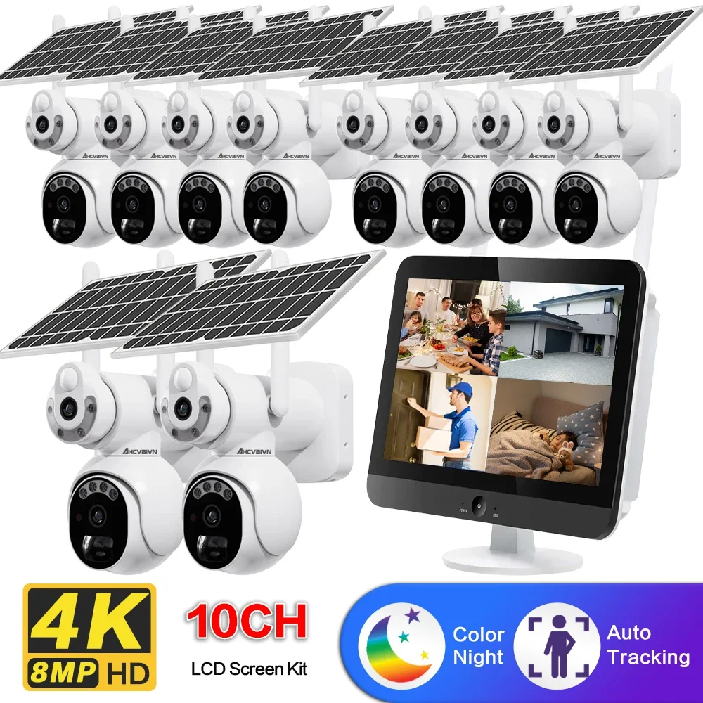 

100% Wire-Free Solar PTZ Dual Lens 12.5" LCD Monitor 10CH WiFi NVR Home Security IP Cam System Wireless 4K 8MP CCTV Surveillance