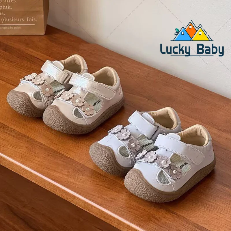 

2026 New Summer Baby Shoes Leather Flower Cut-outs Kids Sandals Closed Toe Soft Sole Fashion Toddler Girls Sandals EU21-30