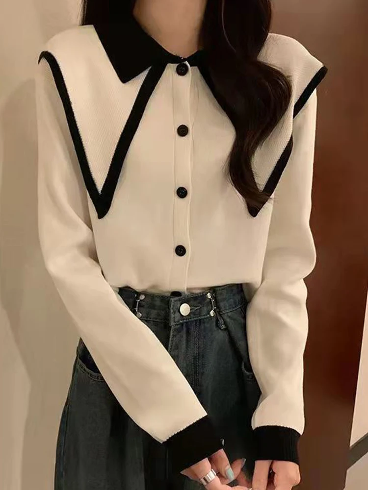 

Vintage Knitted Cardigan Women Korean Fashion Peter Pan Collar Sweater Female Autumn Winter Long Sleeve Single Breasted Knitwear