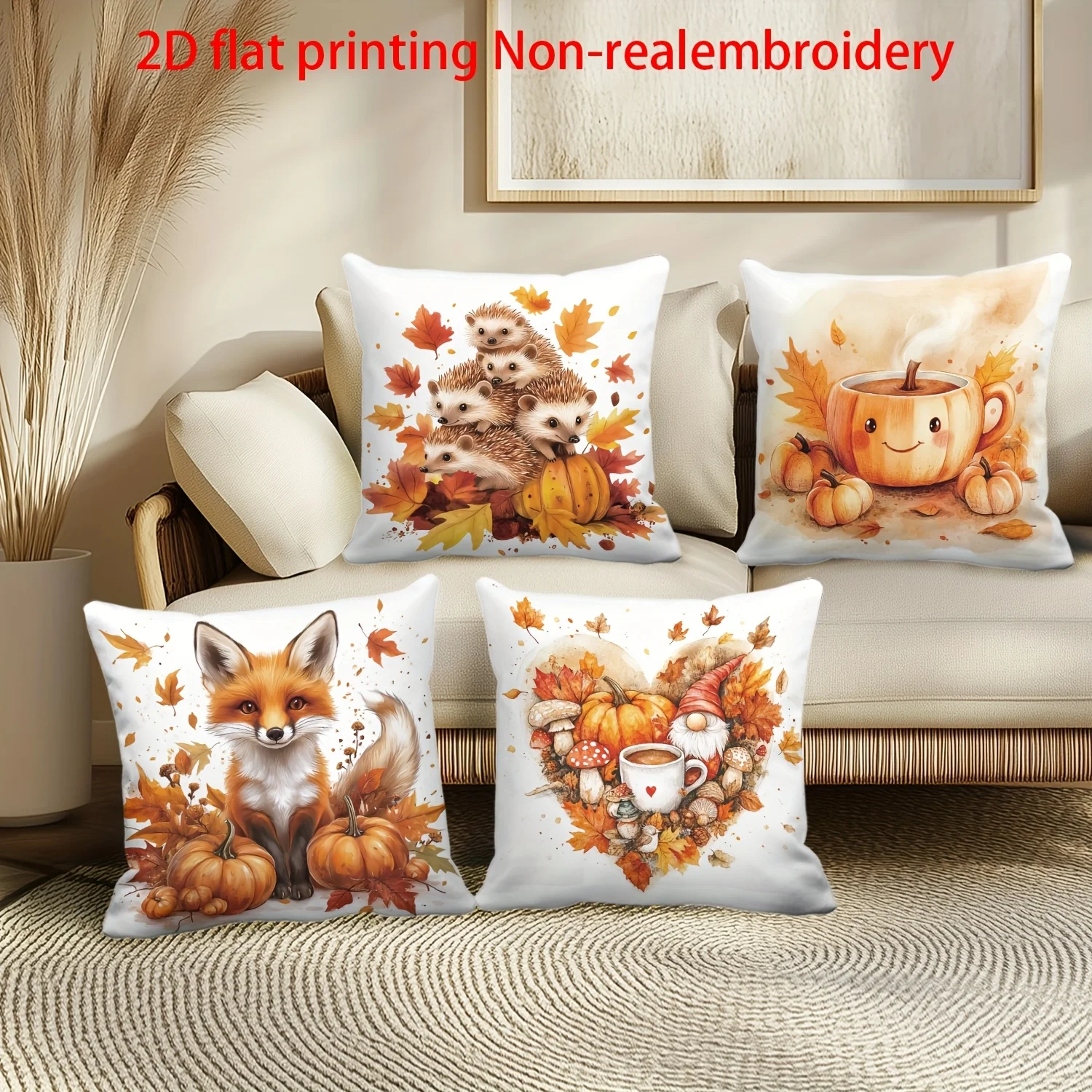 4pcs, Autumn Thanksgiving Pillow Covers - Rustic Farmhouse Decor, Pumpkin, Fox And Hedgehog Patterns - Polyester, Zipper Closure