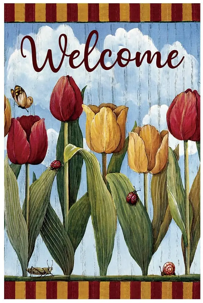 Welcome Spring Tulip House Yard Flag Double Sided Floral Garden Flag Banner for Outside House Yard Home Decorative