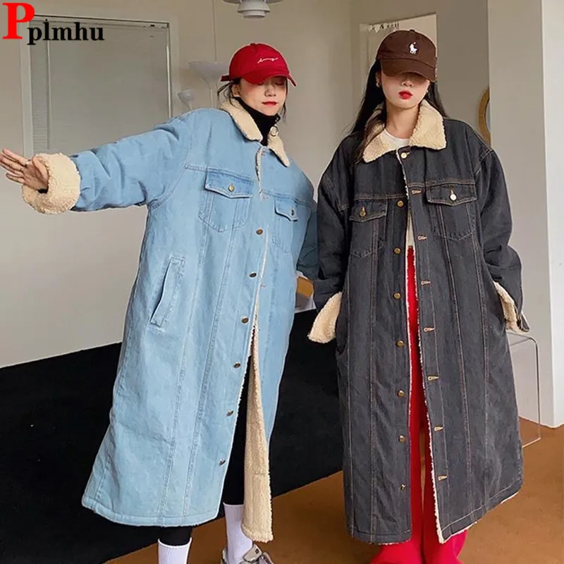 Lambwool Lined Long Denim Jackets Coats Tops Korea Fall Winter Casual Chaquetas Loose Casaco Streetwear Vintage Women Jaqueta