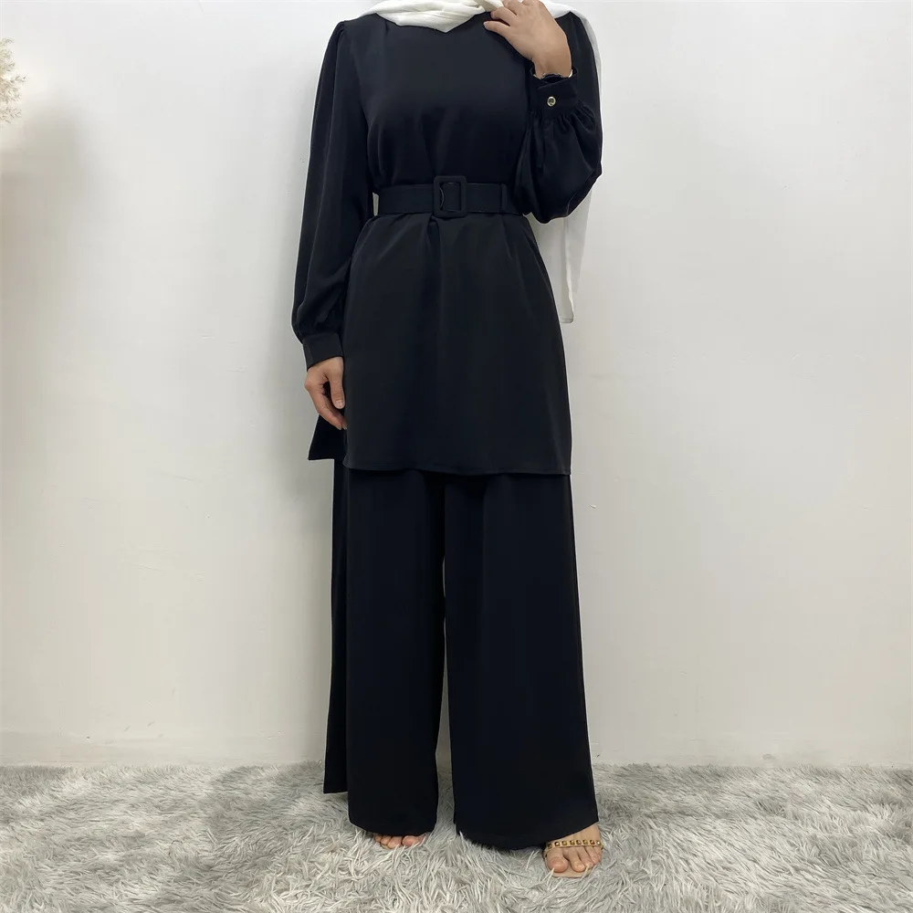 Muslim Women Matching Sets Long Sleeve Solid Color Belt Tops And Loose Pant Suits Elegant Fashion Casual Tracksuit Kaftan 2024