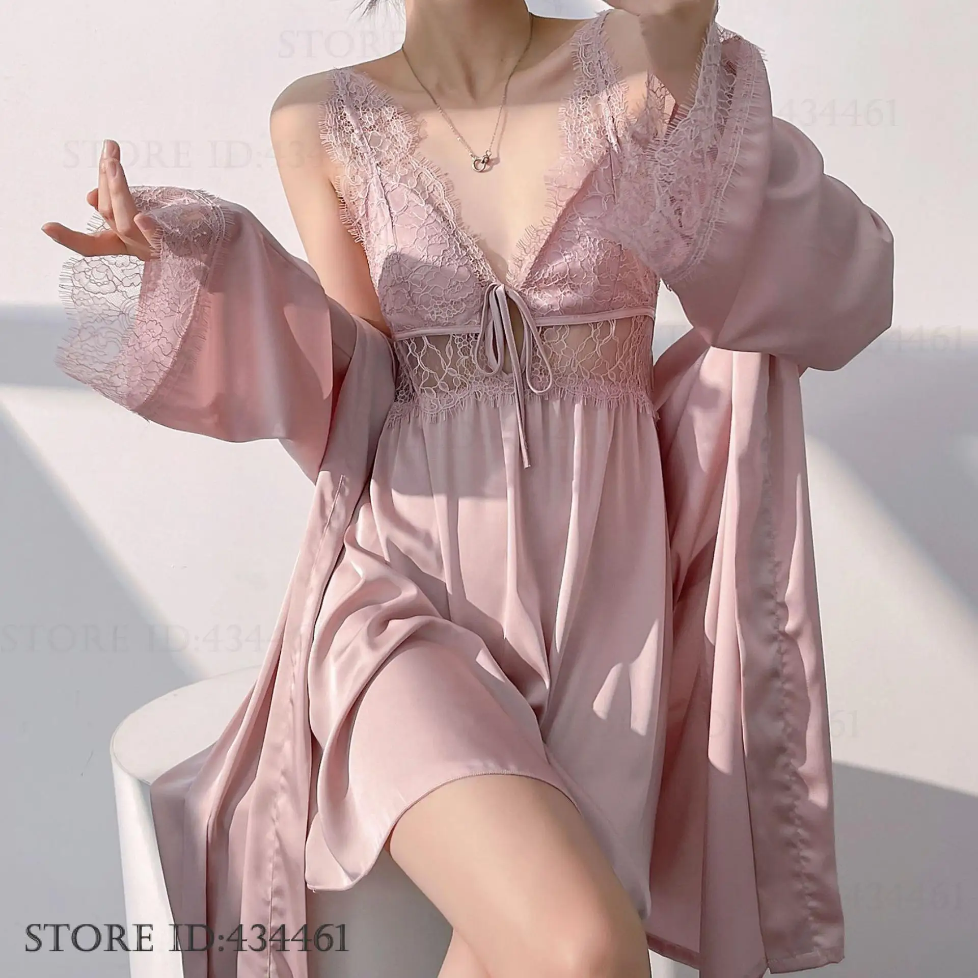 

Sexy Patchwork Lace Twinset Robe Set Lingerie Summer Silky Rayon Sleepwear Bathrobe Loose Casual Home Dressing Gown Loungewear