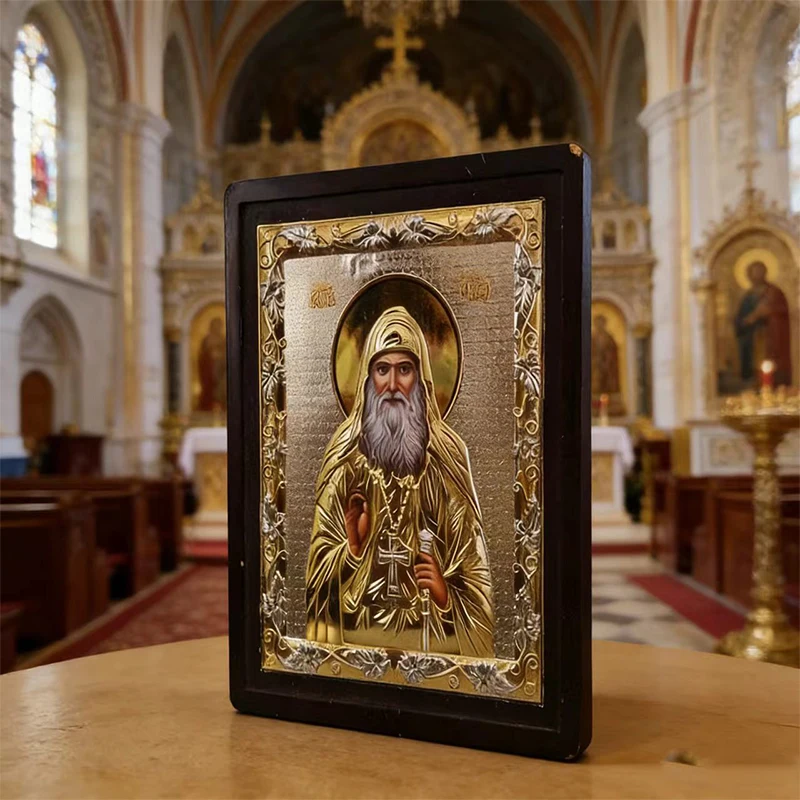

Byzantine Gold Silver Plated Orthodox Saint Icon with Wooden Frame for Church Liturgy Home Altar Devotion Christian Gift Decor