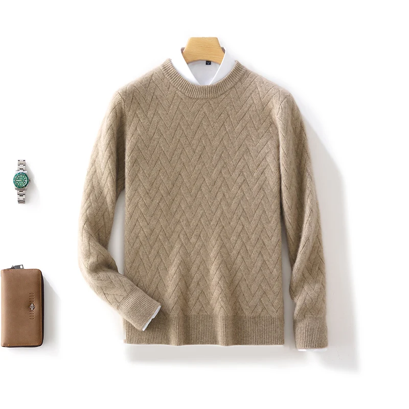 Autumn Winter New 100% Pure Wool Mat Knitted Water Pattern Round Neck Long Sleeve Wool Sweater That's a Thick Knitted Sweater