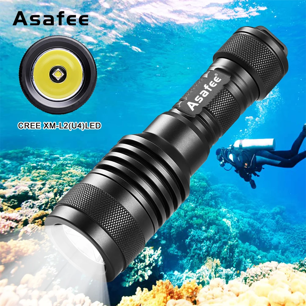 Asafee AF02D LED Backup Diving Light Super Brightness Diver Flashlight L2(U4) LED Handheld Dive Scuba Diving Torch