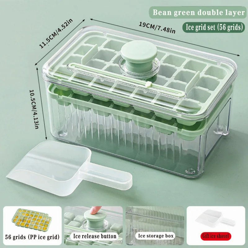Multifunctional Press Ice Cube Mold 28/56 Grids Portable One Click Release Ice Tray with Storage Ice Bucket Making Container