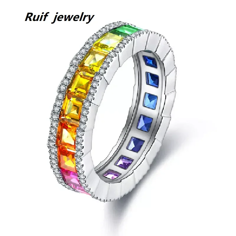 

Ruif New Trendy Lab Created Gemstones Rainbow Sapphire 925 Silver Eternity Ring Colorful Jewelry for Party or Daily Wear