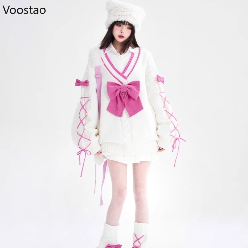 اليابانية الحلو القوس لوليتا نمط محبوك بالأزرار النساء Y2k الجمالية كل مباراة الخامس الرقبة موضة ضمادة فضفاضة JK البلوزات معاطف #2