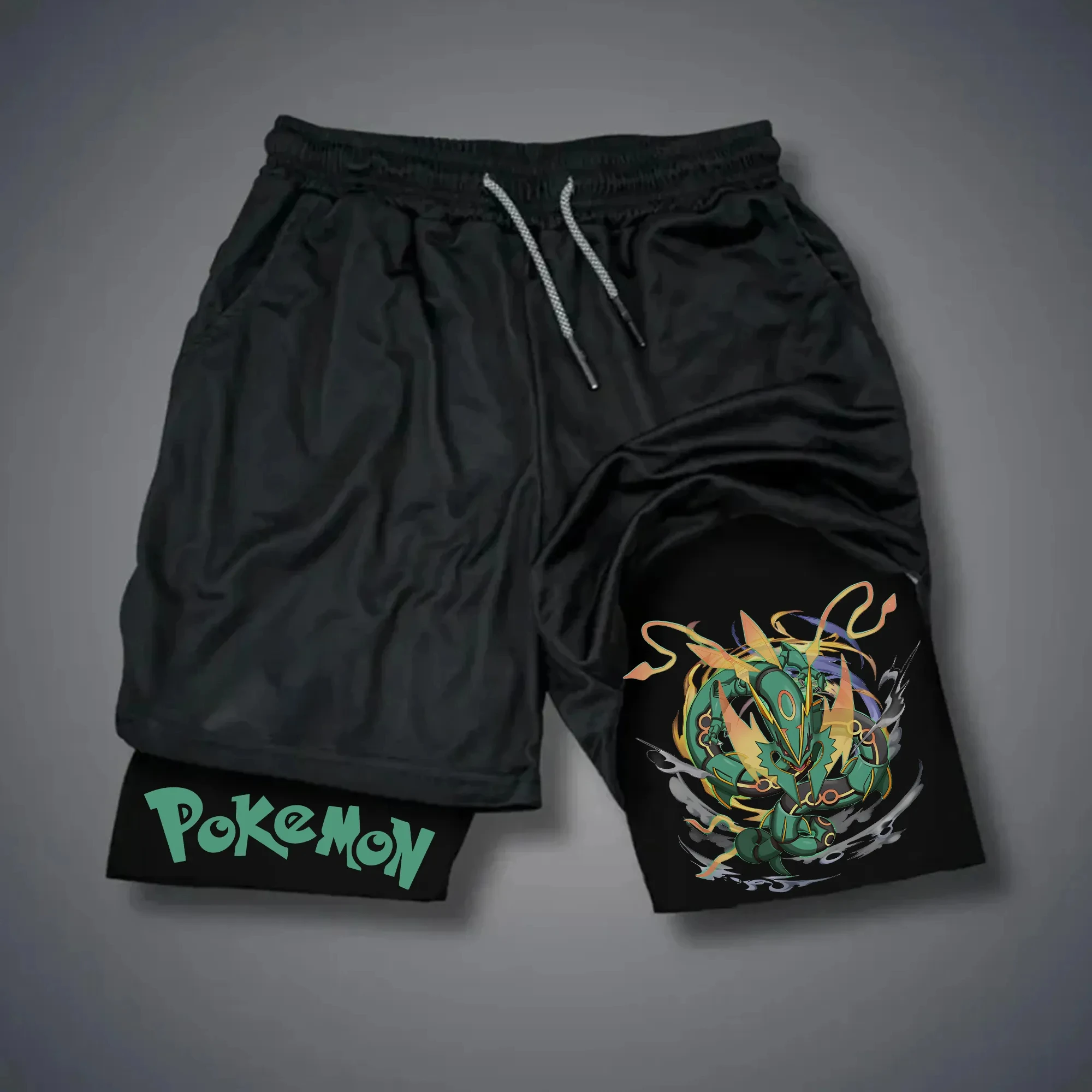 Celana Pendek Pokemon Rayquaza Pria Katun Celana Olahraga Musim Panas 2025 Motif Grafis Hitam Dasar Hijau Rayquaza Oranye Biru Detail Putih