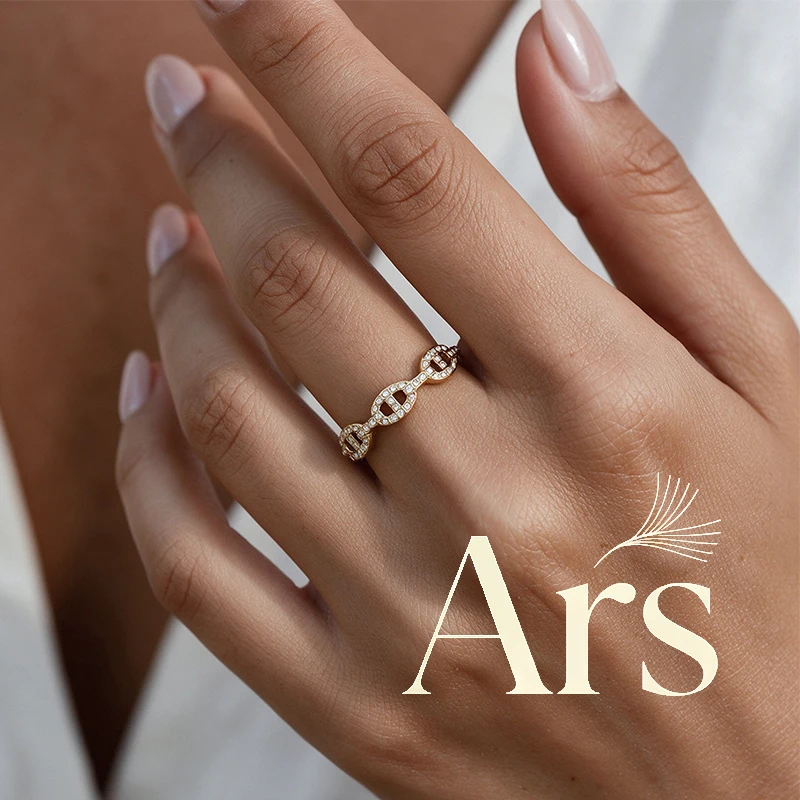 Ars Stainless Steel Open Ring for Women 18K Gold Plated Inlaid Zircon Pig Nose Link Rings Adjustable Ring Waterproof Daily Rings