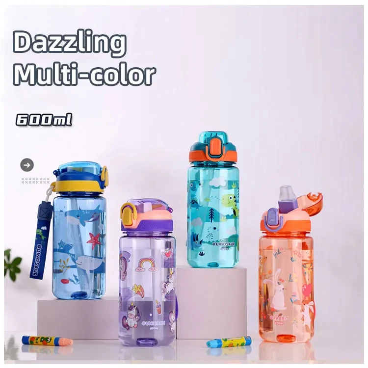 600 ml Dinosaurier Wasser Flasche Für Kinder Wasser Sippy Tasse Mit Silikon Stroh Auslaufsichere Kunststoff Wasser Flaschen Sommer Kinder Wasser Tasse – Detail 5