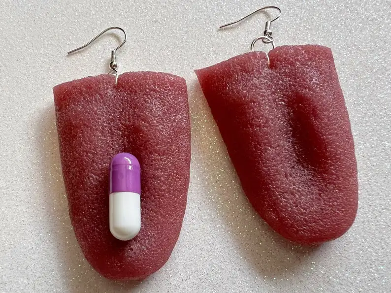 Realistic Tongue & Tongue with Pill Earrings: Halloween, Scary, Toys Turned Earrings, Gifts for Her/Him/Them