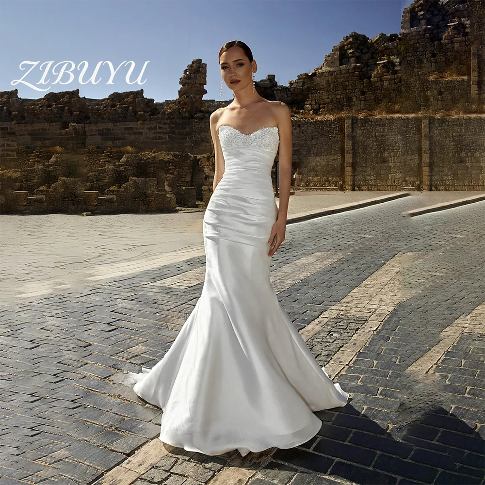 

ZIBUYU Customized Elegant Luxury Wedding Dress 2026 Sleeveless Backless Floor Length Strapless Ruched Satin Mermaid Bridal Gown