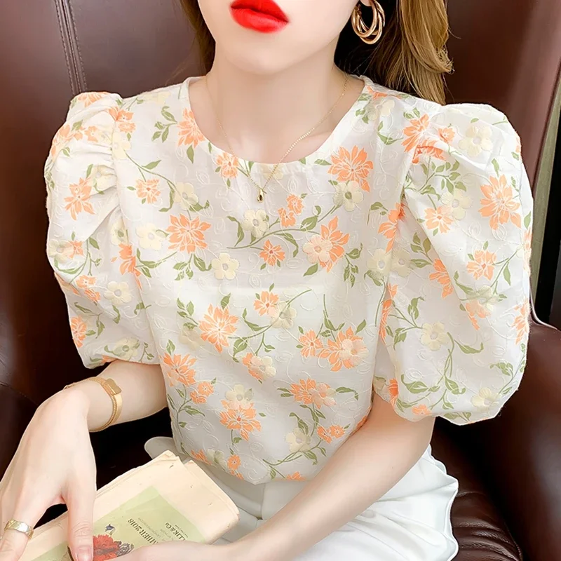 Vintage Puff Sleeve Tops Mujer 2024 Fashion Floral Printed Chiffon Blouses Casual Korean Sweet Summer Blusas Femininas XXXL