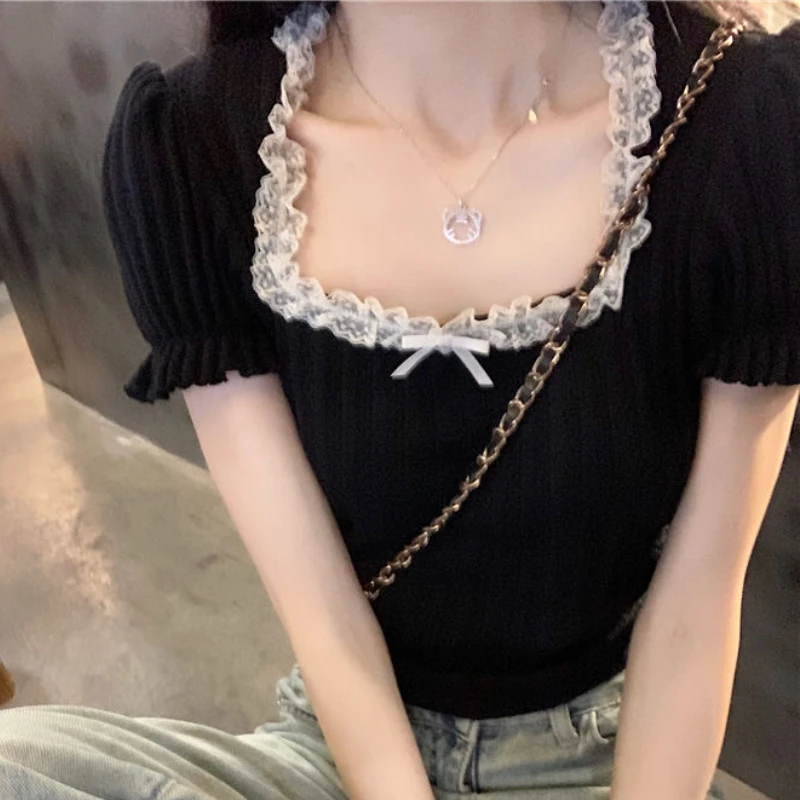 Black T-shirts Women Puff Sleeve Slim Chic Summer Aesthetic Lace Designed Vintage Crop Tops Leisure Elegant Lady Daily All-match