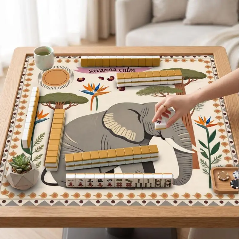 VIKAMA Boho African Elephant Mahjong Mat Non Slip Noise Reduction Soft Square Pad Washable For Casual Home Mahjong Game