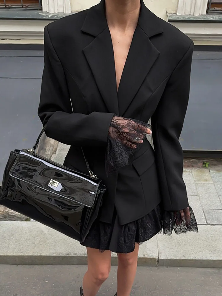 Temperament Lapel Long Sleeve Jacket Black Casual Lace Spliced Commute Blazer Autumn Lady Slim Single Breasted Suits Outerwear