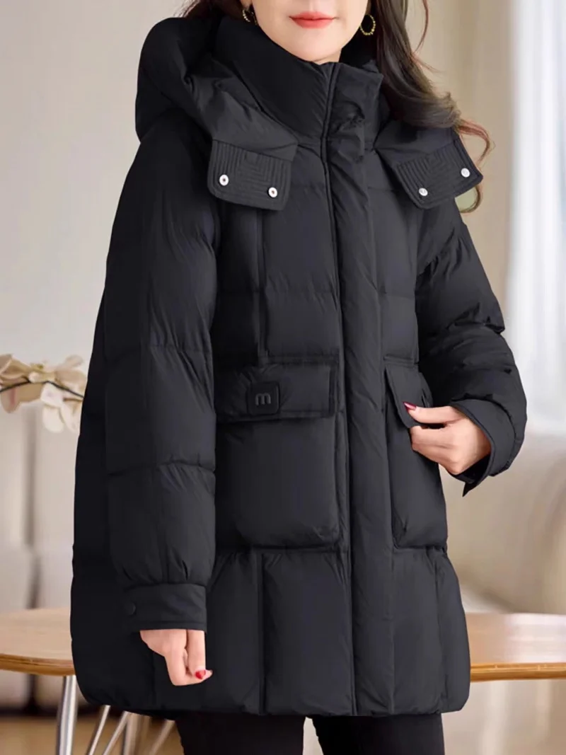 

Зима 2025 года, новинка среднего и длинного корейского издания, свободная теплая хлопковая куртка, утолщенная модная верхняя одежда с капюшоном большого размера w1247