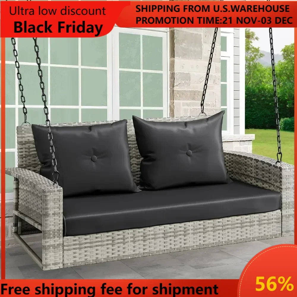 2-Seats Wicker Hanging Porch Swing Chair Outdoor Gray Rattan Patio Swing Lounge w/ 2 Back Cushions Capacity 530lbs for Garden