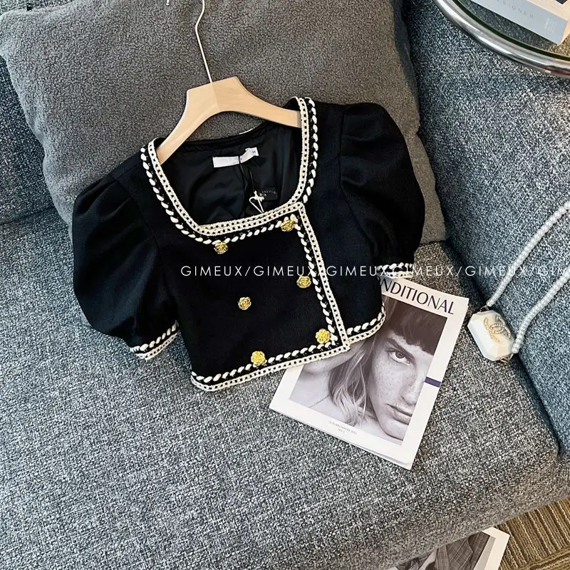 Kids Girls Elegant 2-Piece Set Black Square Neck Top with Gold Buttons and White Trim+Matching Shorts Summer Co-Ord for Toddlers