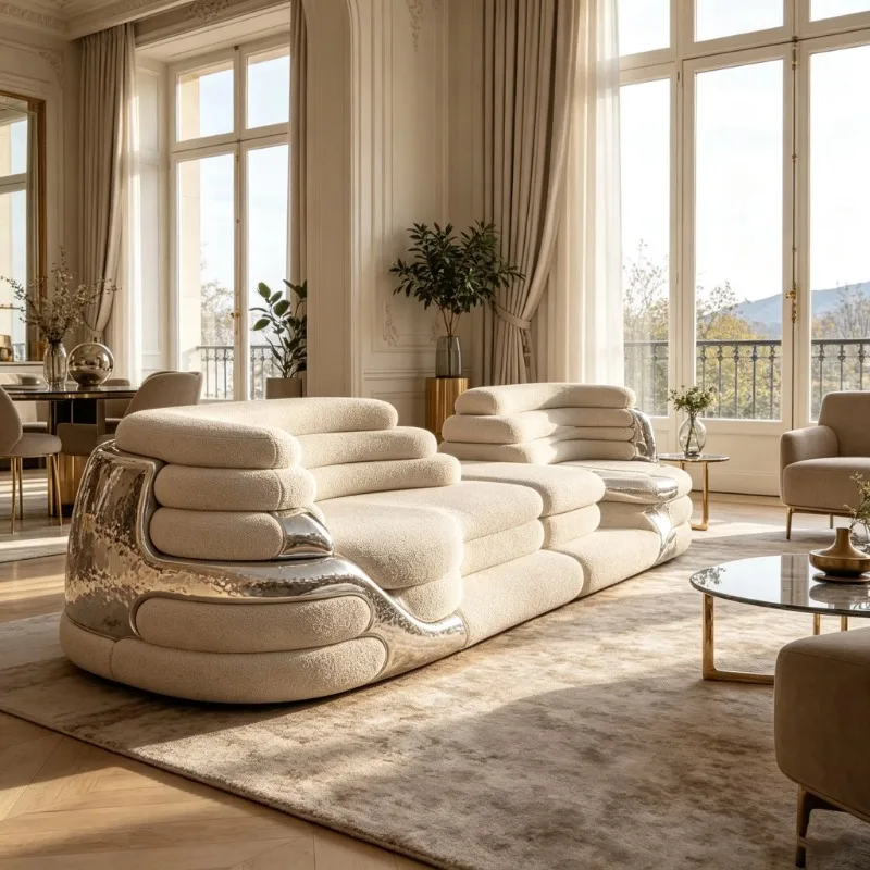 Silver fiberglass frame home sofa multi-layer stacked beige terry seat cushion