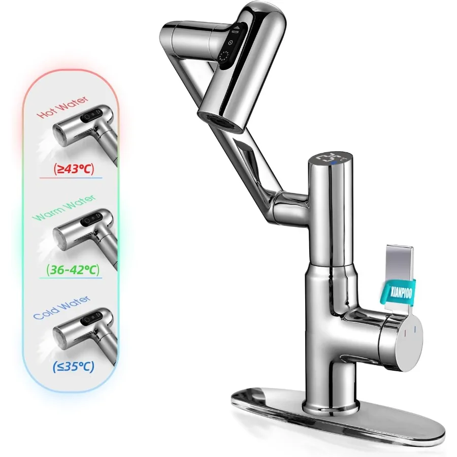 

Bathroom Sink Faucet Rotatable Faucet with Temperature Display in Celsius Batteries-Free 1080° Swivel 3 Water Modes Faucet for