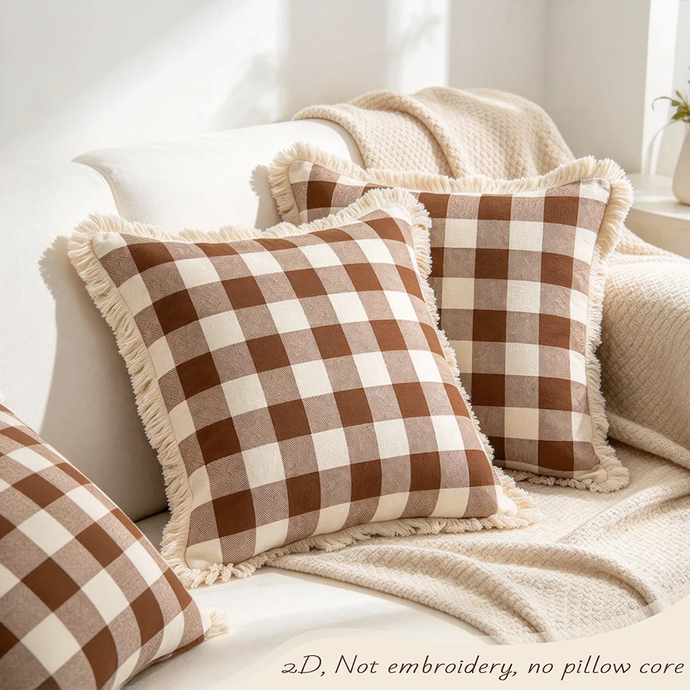 1PC Brown White Buffalo Check Plaid Pillow Cover, Gingham Geometric Cushion Case, Digital Print Polyester, Bedroom Sofa Decor