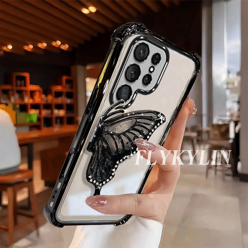 For Samsung S26 S25 S24 S23 S22 S21 Plus FE Ultra Edge Electroplated Transparent Shiny Butterfly Bracket Protects The Phone Case