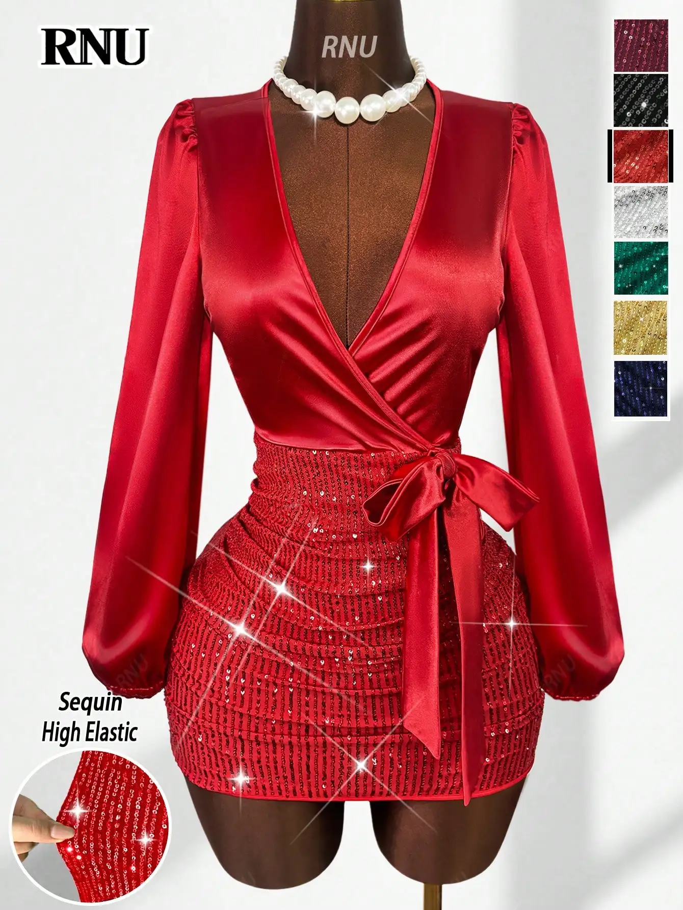 

Red V-Neck Lantern Sleeve Sequin Satin Bodycon Mini Dress with Bow Waist for Parties, Holidays, Nightclubs