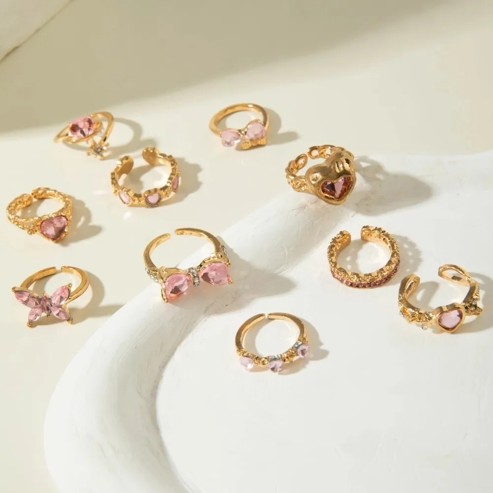 10Pcs/Set Bow Design Heart Butterfly Rings Pink Crystal Gold Silver Color Open Rings Stackable Synthetic Zircon Mix Style Rings