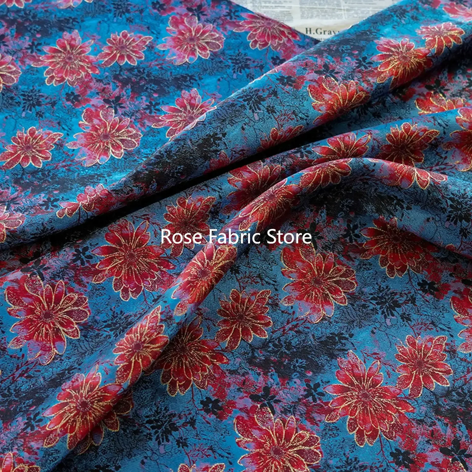 1 Meter Gold Silk Red Flower Jacquard Fabric Splashed Ink Dreamy Dress Jacket Skirt Decorative Sewing  Fabric