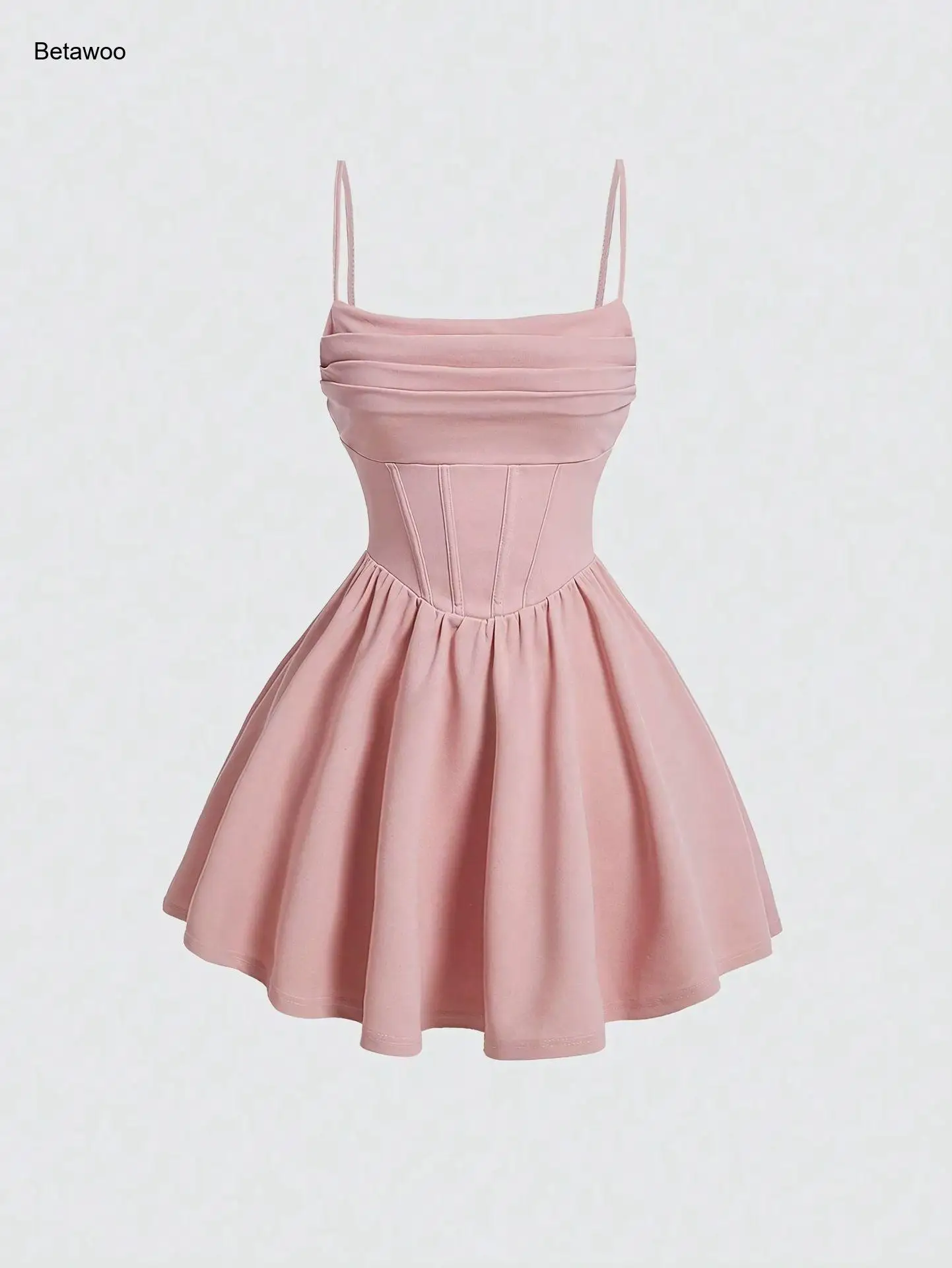 Women Corset Style Mini Dress Spaghetti Strap Ruched Bodice A Line Flare Skirt Multi Color Options Party Clubwear