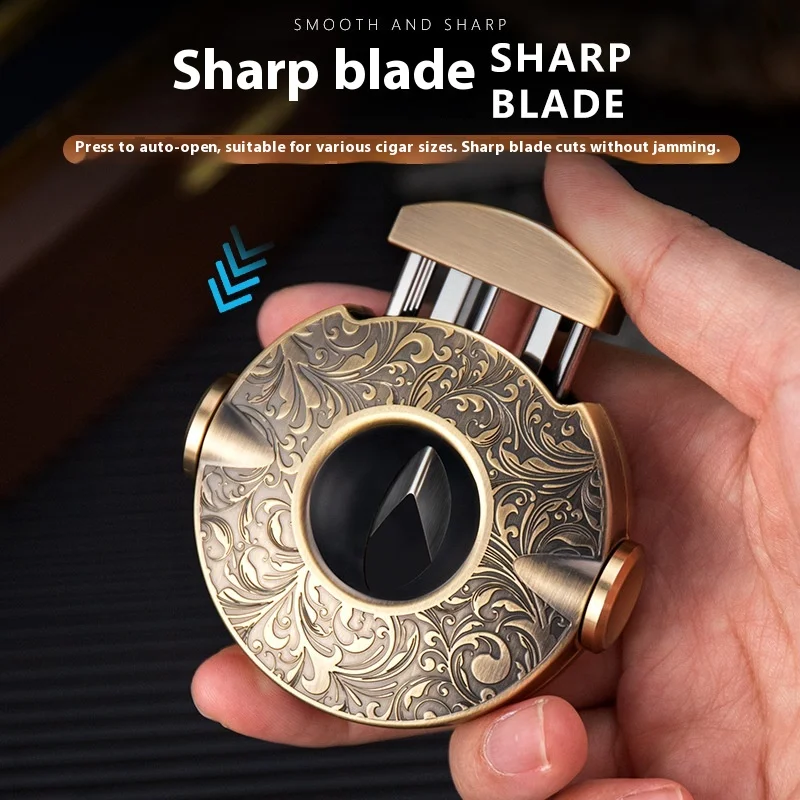 Bronze Engraved Cigar Cutter Guillotine,Round Double Stainless Steel Blade,3in1 V-Cut Straight Punch Cigar Clipper with Gift Box