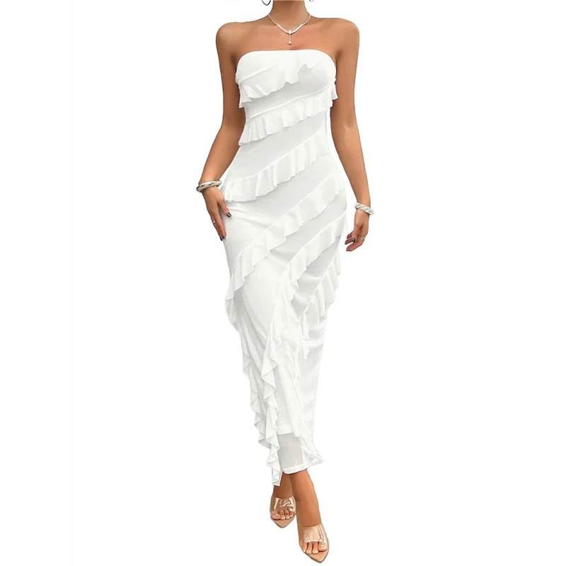 

ABRT-Women's Sexy- Bodycon Elegant Tube Top Ruffle Maxi Cocktail Party Dresses