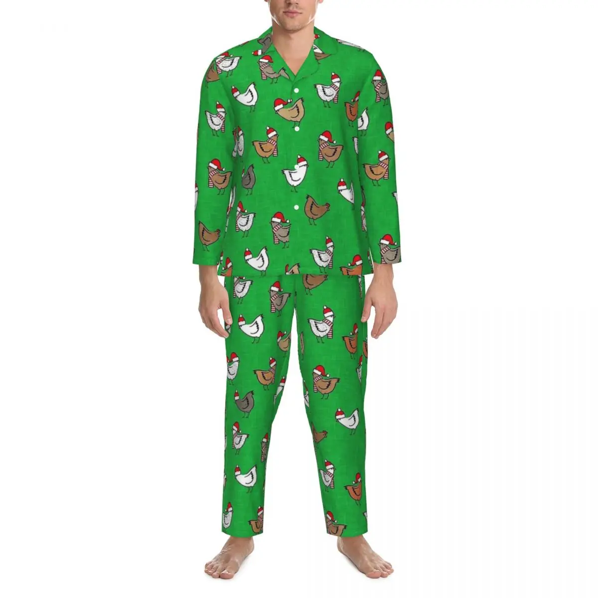 Christmas Chickens Pajamas Set Kawaii Sleepwear Men Long-Sleeve Casual Bedroom Two Piece Home Suit Large Size