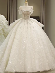 2024 New The Shoulder Wedding Dress Lace Up Luxury Bridal Ball Gown Vestido De Noiva Sweep Large Train Plus Size Made Customized