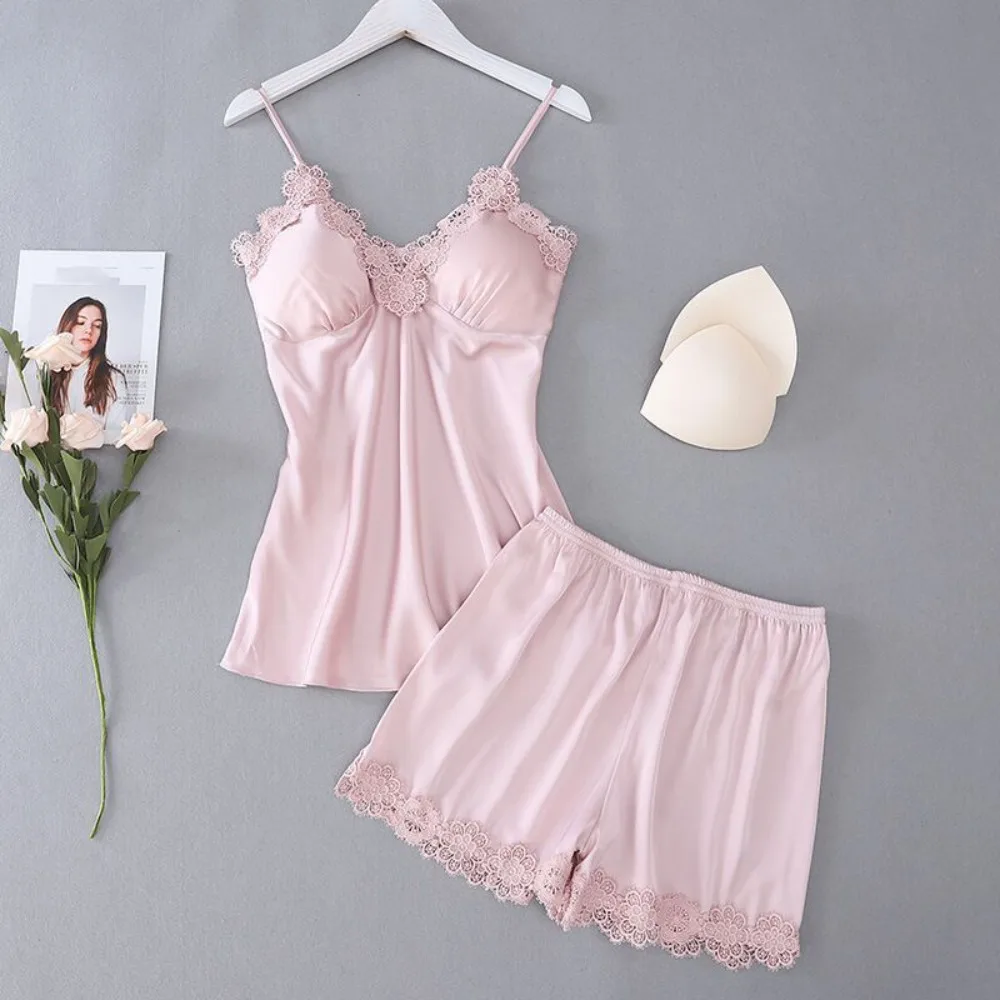 

Sweet Ice Silk Lace Pajamas Suit Sleeveless with Pad Sling Shorts Nightwear V-Neck Loose Two Piece Sleepwear Sets Sleeping