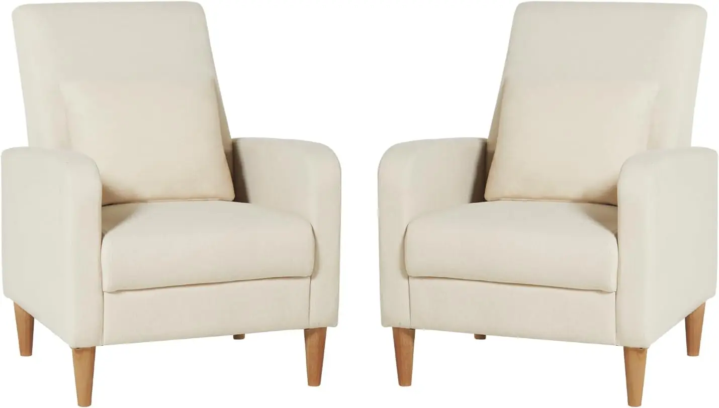 

Modern Accent Living Room Chairs Set of 2 Upholstered Fabric Armchair Reading Side Chair Single Sofa Beige