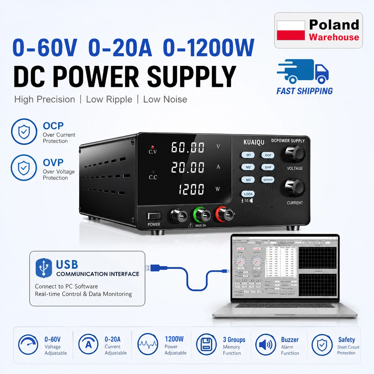 Image of KUAIQU 1200W Hochleistungs-Labornetzteil 60V/30V/15V 10A/20A/30A Einstellbare Quelle OCP/OVP USB Software Spannungsregler M1/M2/M3/LOCK/OUTPUT Laborschalter DC-Werkzeuge zum Testen