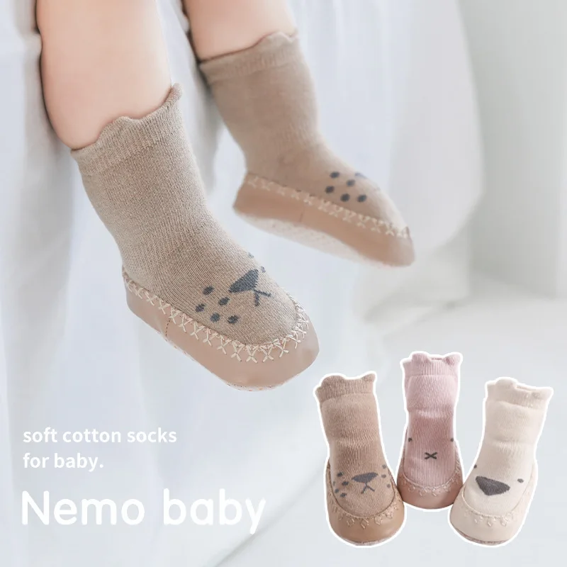 1 Pair Baby Sock Shoes Cute Cartoon  Newborn Boy Girl Calf Sock Spring Autumn Soft Combed Cotton Toddler Non-slip Sock