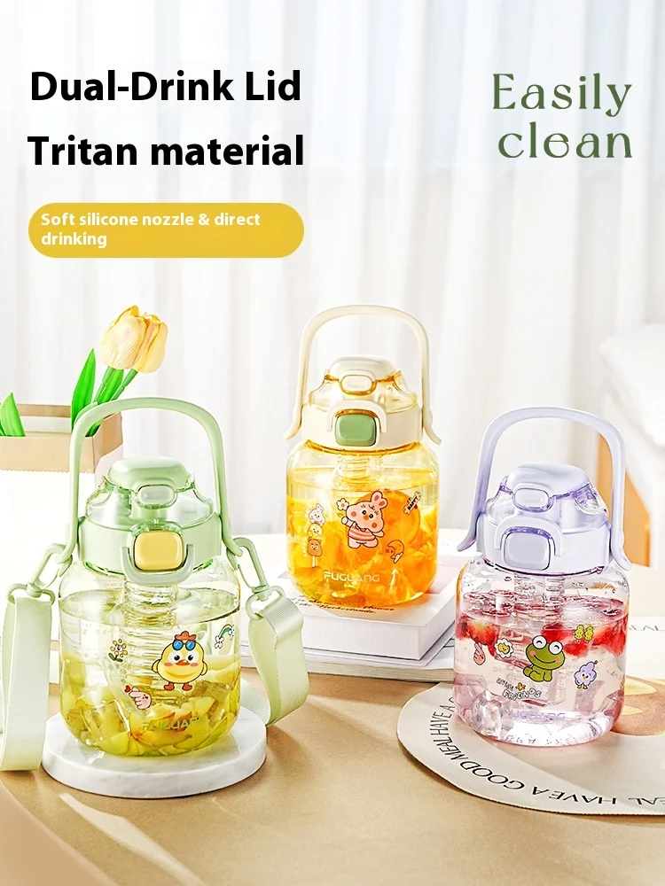 Large capacity water cup for women, children and students. Plastic sports water bottle, straw cup. Big-belly cup for summer