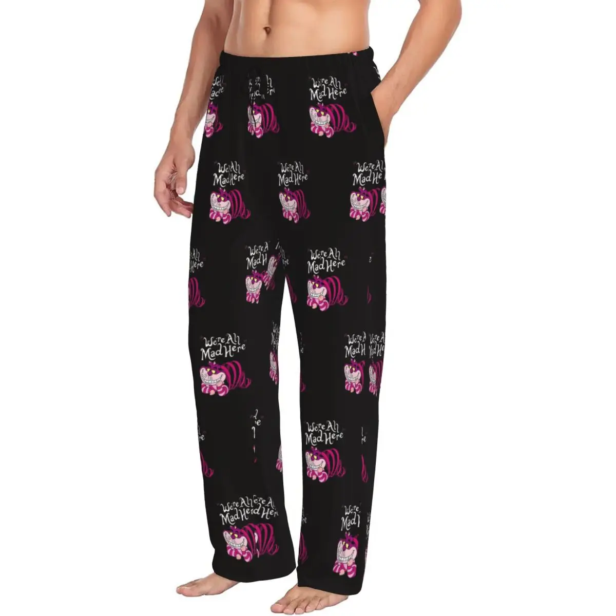 Custom Cheshire Cat Pajama Pants for Men We're All Mad Here Cat Sleepwear Lounge Sleep Bottoms Stretch with Pockets