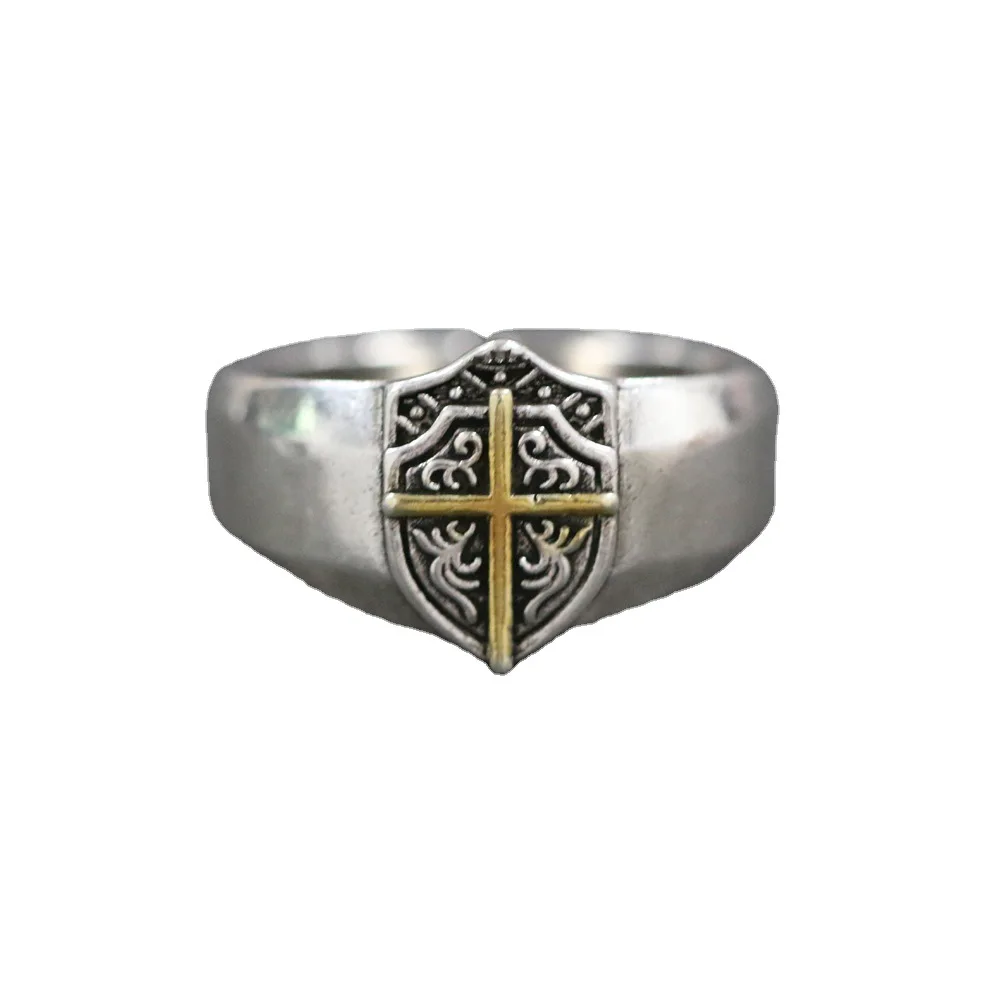 Vintage Creative Knight Shield Cross Men\'s Open Ring Fashion Punk Hip Hop Party Cool Personality Jewelry Accessories Gift