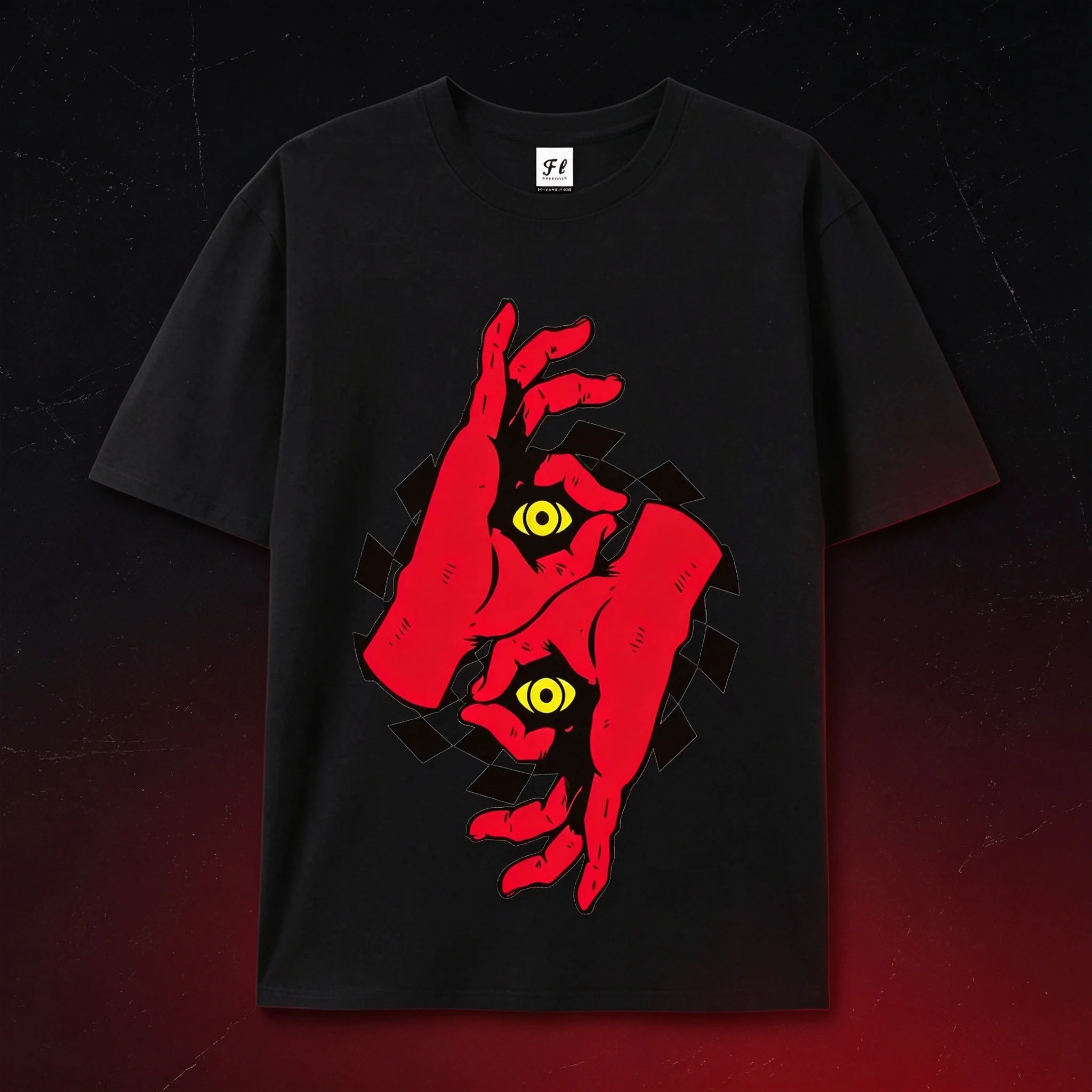 Dark Red Hand Eye Print Crew Neck T‑Shirt Streetwear Personality Black Casual Short Sleeve Top